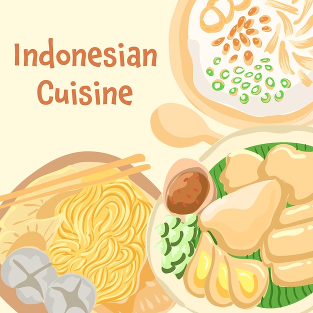 Вектор Пемпек рисованной традиционный набор индонезийской еды иллюстрированный