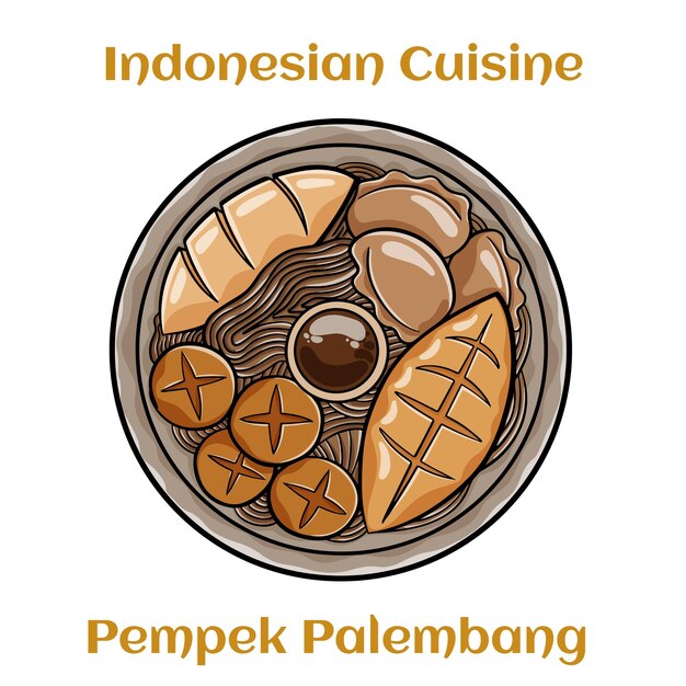 Pempek Palembang 인도네시아의 매콤한 식초 소스를 곁들인 맛있는 어묵 작은 도자기 그릇에 국수와 오이를 곁들임