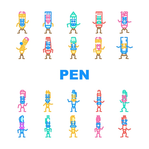 Pen character pencil school icons set vector cute funny student kid mascot face fun happy book element study stationery pen character pencil school color line illustrations