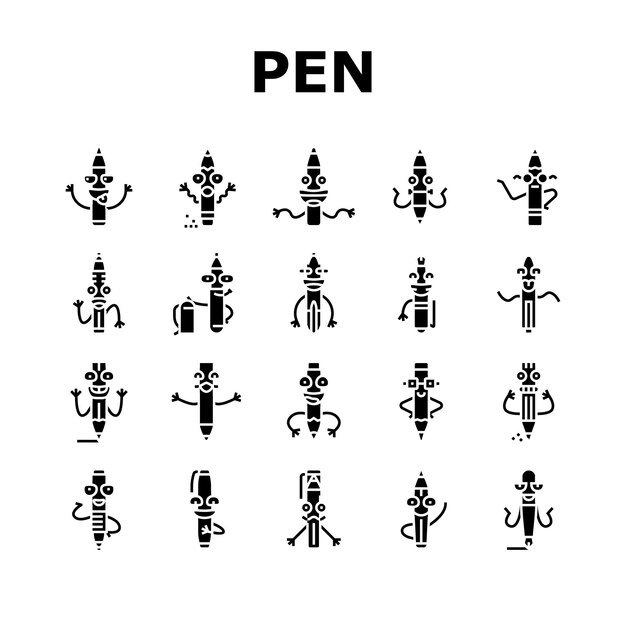 Pen character pencil school icons set vector