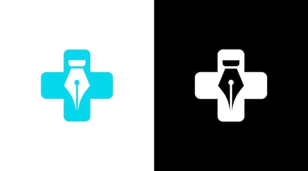 Ручка и больничный крест логотип медицинский вектор черно-белый значок стиль шаблона дизайна