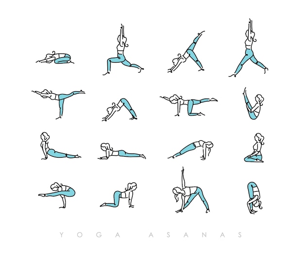 Pen line hand drawing girls in yoga asanas in light style drawing with color on white background