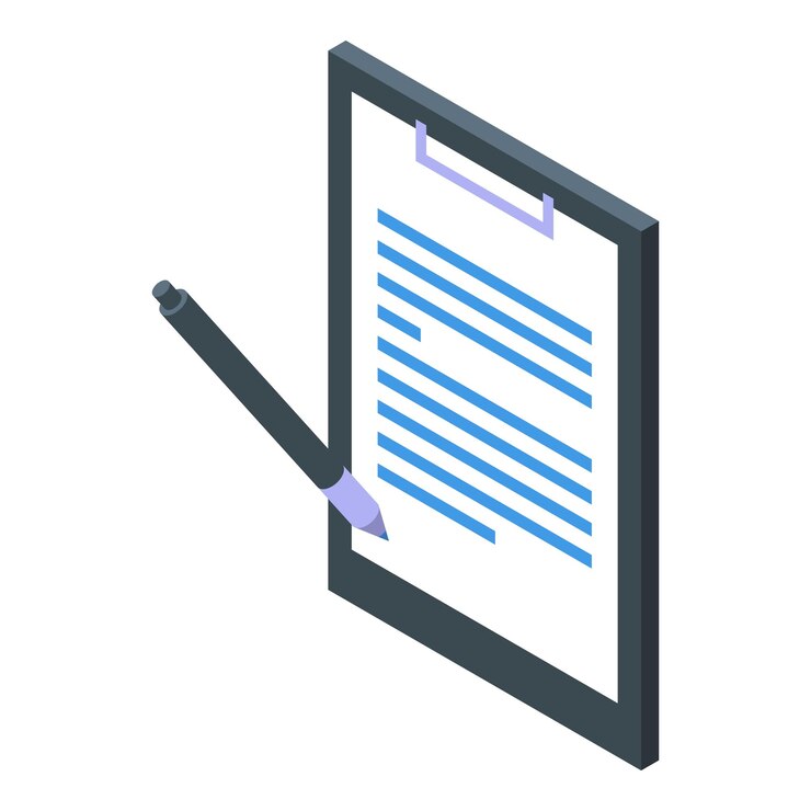 Vector pen signing contract on clipboard isometric icon