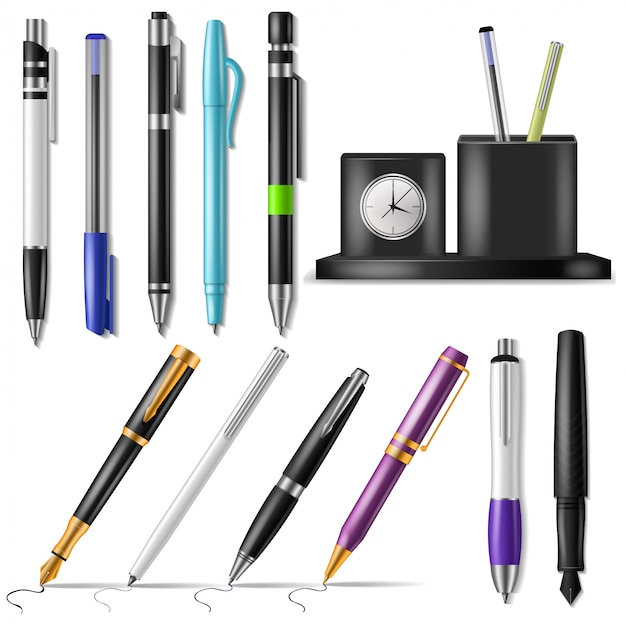 Vector pen vector office fountainpen or business ballpoint ink and sign of writing tools illustration set