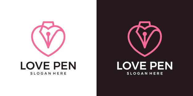 Pen with line style logo design template and heart design graphic vector