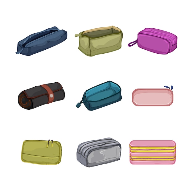 Pencil case set cartoon vector illustration