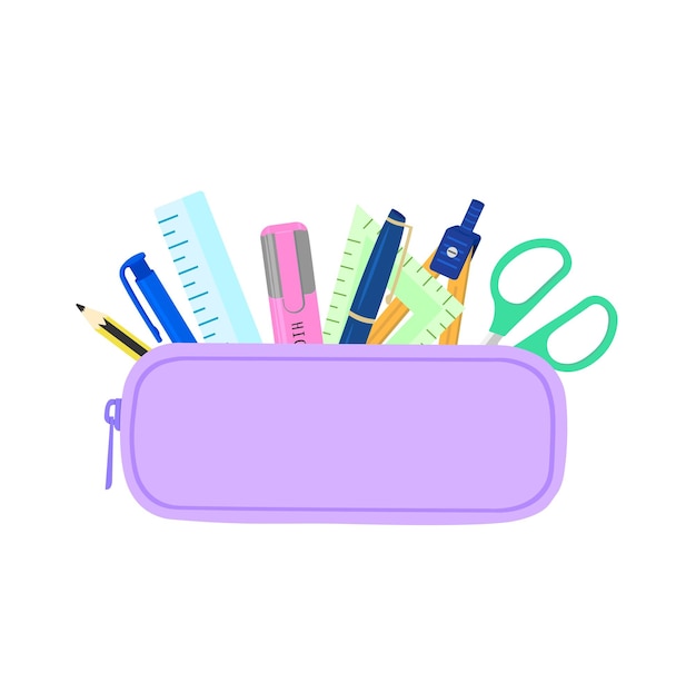 Pencil case with school supplies flat vector in pastel color pencil case illustration back to school