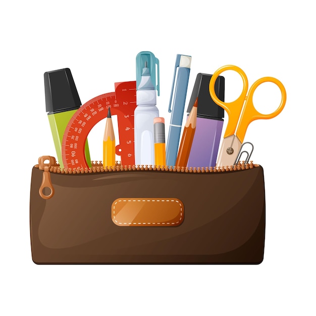 Pencil case with stationery. For use by schoolchildren and students. Protractor, marker, scissors