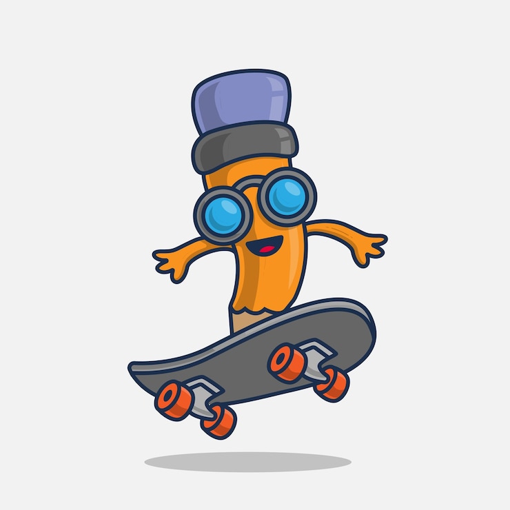 Vector pencil character cartoon illustration skateboarding