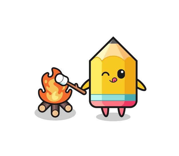 Pencil character is burning marshmallow