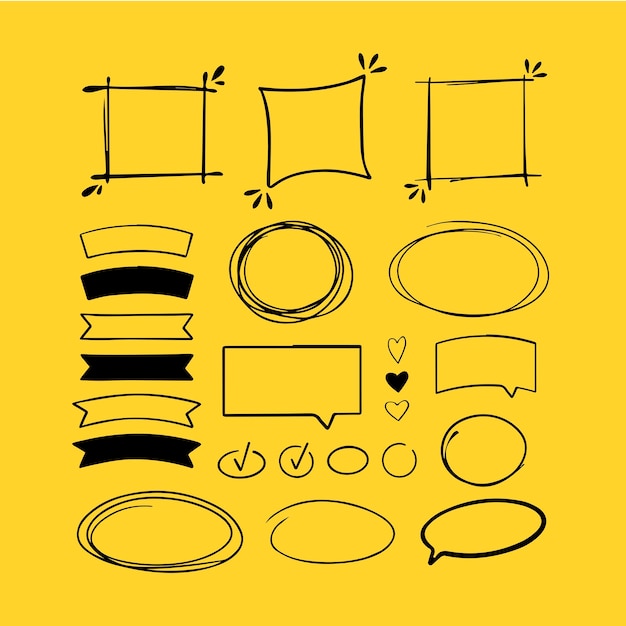 Pencil doodles set. Vector illustration. Drawn symbols, ribbon and frames on yellow background