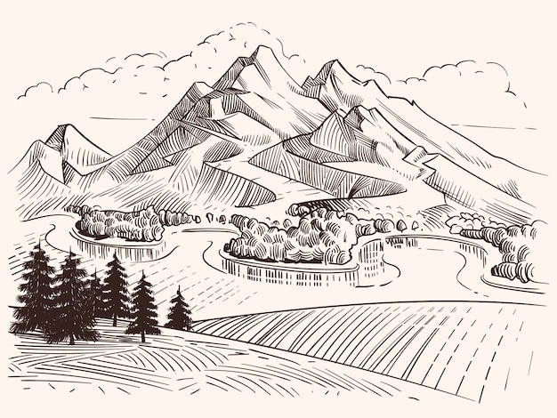 Pencil drawing mountain landscape. Cartoon sketch mountains and fir trees vector illustration. Landscape sketch mountain, tree and peak hill