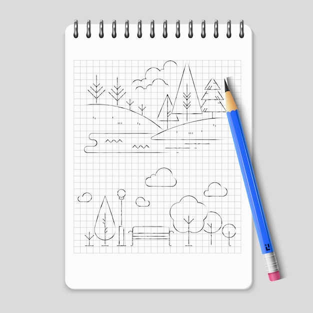 Vector pencil drawing nature landscape outline vector