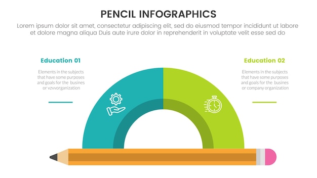 карандашная образовательная инфографика, двухточечный шаблон сцены с полукругом на вершине карандаша для вектора слайд-презентации