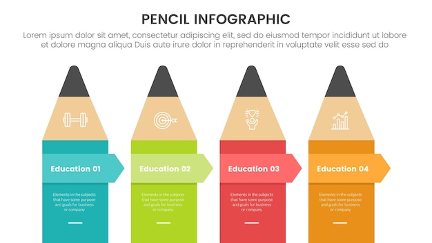 карандашная образовательная инфографика, 4-точечный шаблон сцены с карандашом вертикально в центре для вектора слайд-презентации