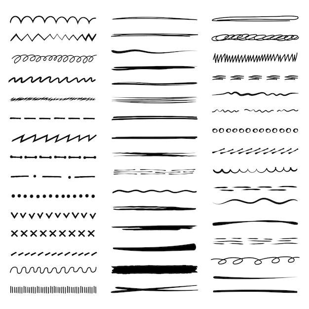 Vector pencil hand drawn lines sketch scribbles collection dividers chalk lines dots recent vector doodle set isolated