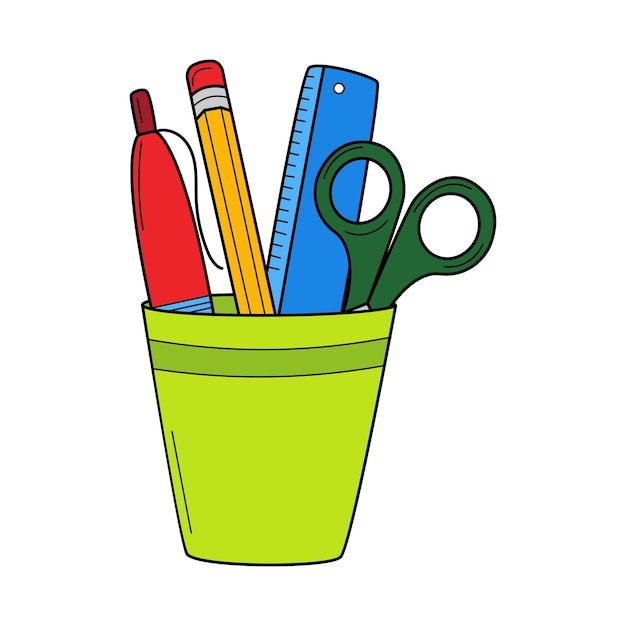 Pencil holder with a ruler, scissors, pen, pencil. Doodle. Hand-drawn Colorful vector illustration.