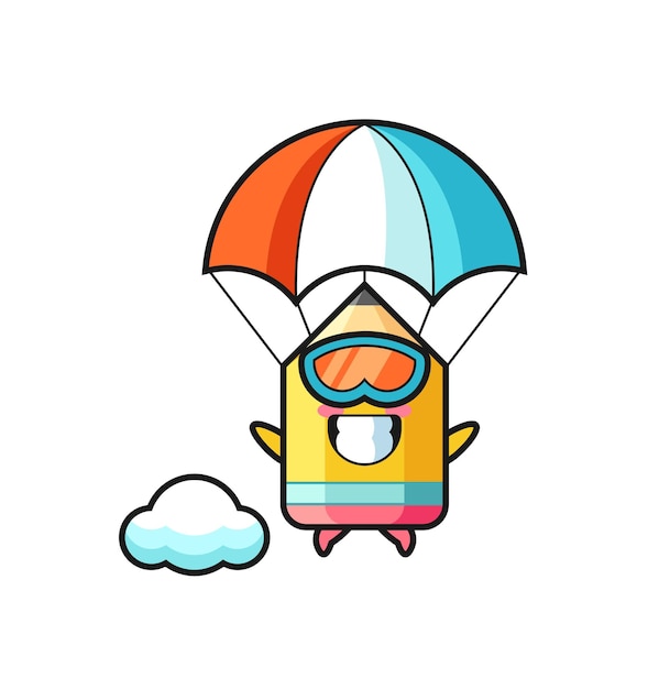 Pencil mascot cartoon is skydiving with happy gesture , cute style design for t shirt, sticker, logo element