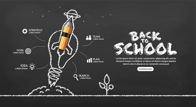 Pencil rocket with light bulb launching to space infographic