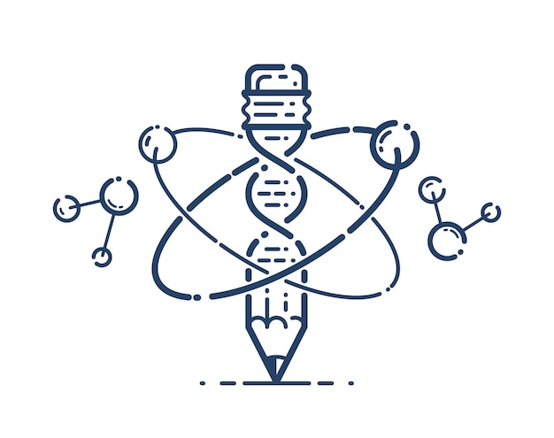 Matita con icona lineare semplice di vettore di filamento di dna e atomo, simbolo di educazione e scienza fisica e biotecnologia, ricerca biologica e soluzioni.