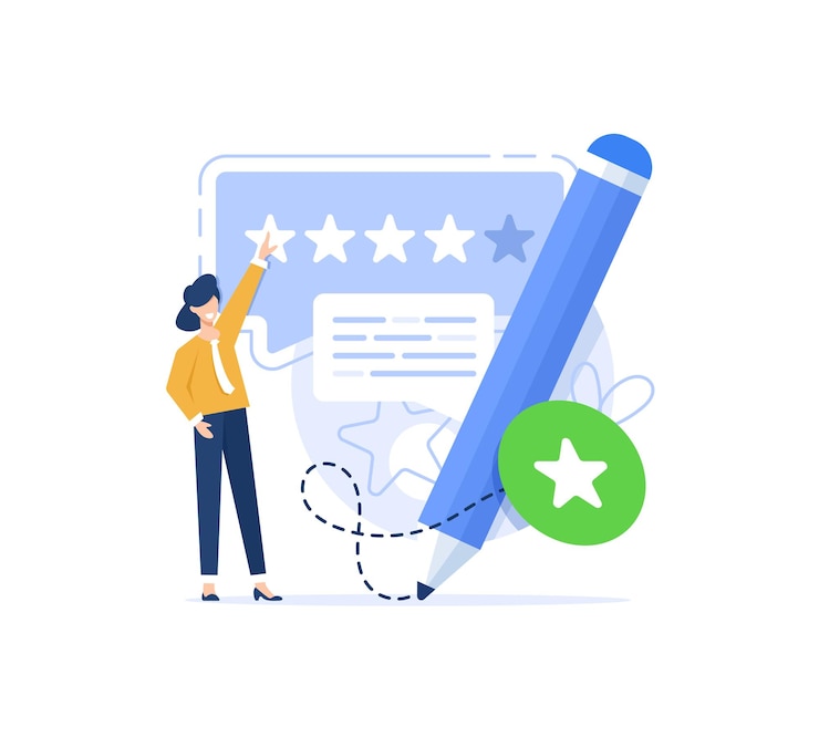 Vector pencil with five star customer review and speech bubble messagebest ratingwrite comment on product