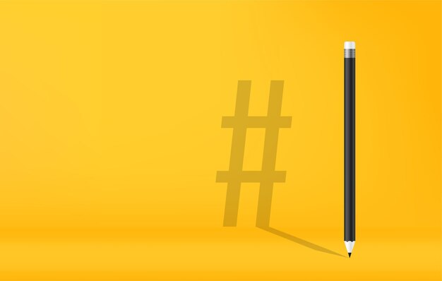 Pencil with hashtag symbol shadow on yellow background