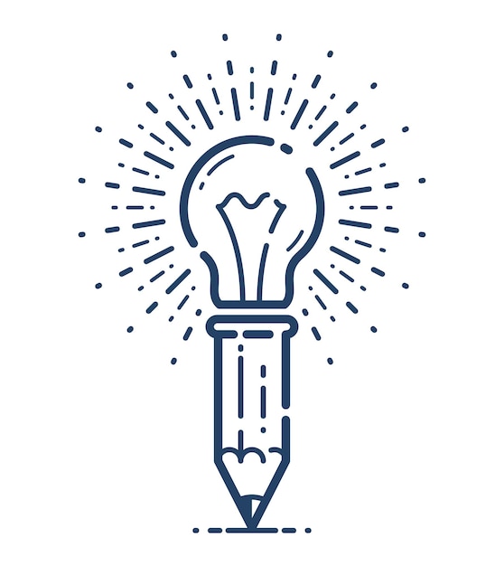 Vector pencil with light bulb vector simple linear icon, education science and business line art symbol, ideas creative solution.