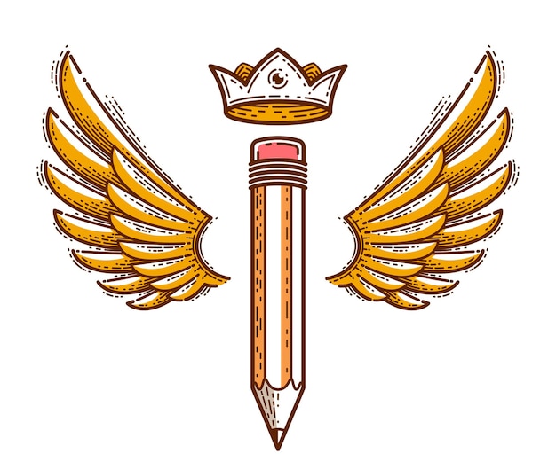날개와 왕관이 있는 연필, 디자이너 또는 스튜디오를 위한 벡터 단순한 최신 유행 로고 또는 아이콘, 창의적인 왕, 왕실 디자인, 선형 스타일.