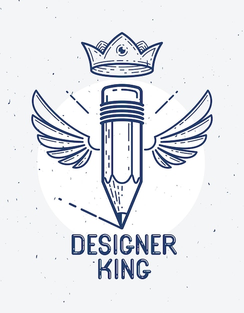 Vector pencil with wings and crown, vector simple trendy logo or icon for designer or studio, creative king, royal design, linear style.