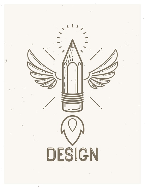 Vector pencil with wings launching like a rocket start up, creative energy genius artist or designer, vector design and creativity logo or icon, art startup.