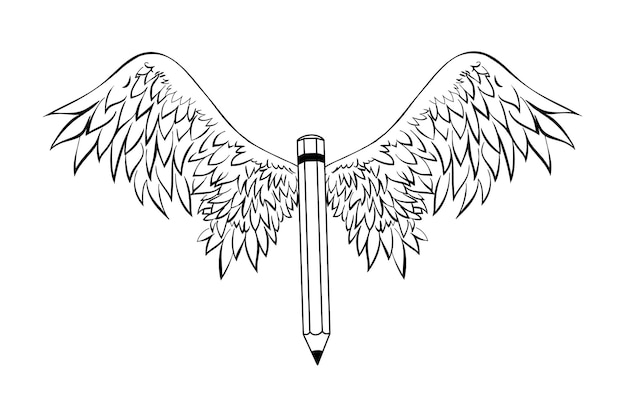 Pencil with wings vector illustration Template for logos labels and emblems in outline style