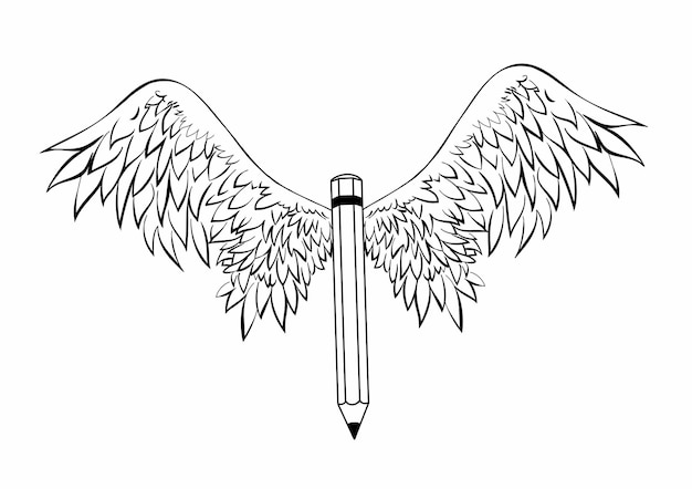 翼を持つ鉛筆ベクトル イラスト ロゴ ラベルとアウトライン スタイルのエンブレムのテンプレート