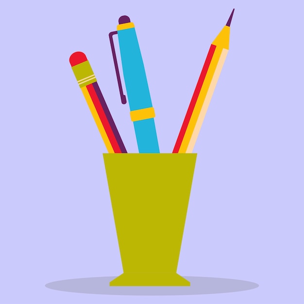 Pencils and a pen in a glass for the office. vector flat illustration.