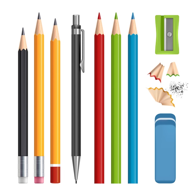 Set di matite, affilatura degli strumenti di cancelleria, matite colorate in legno con setisolated di gomma realistico