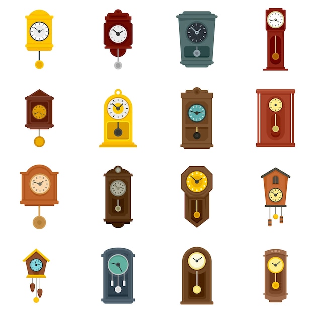 Pendulum clock icons set. Flat set of pendulum clock vector icons isolated on white background