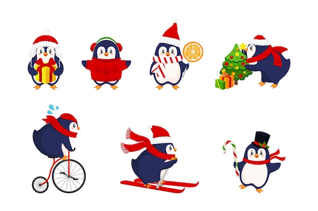 Vector penguin activity in winter. cute hand drawn penguins collection, merry christmas.