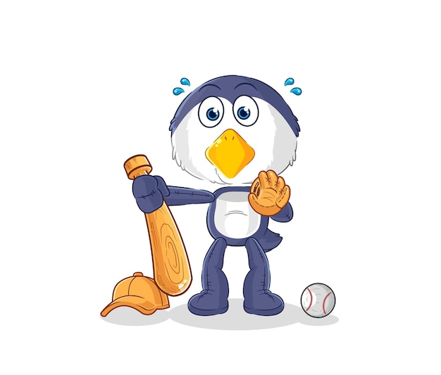 Vettore della mascotte del fumetto del fumetto del ricevitore di baseball del pinguino