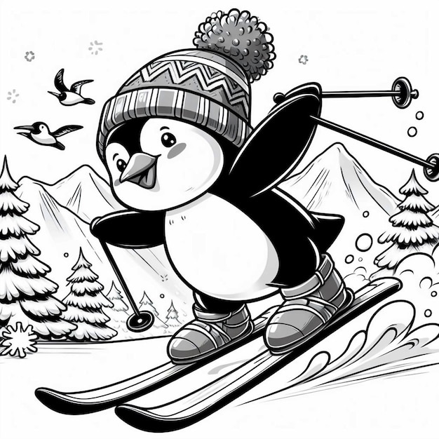 penguin black and white skiing isolated illustration