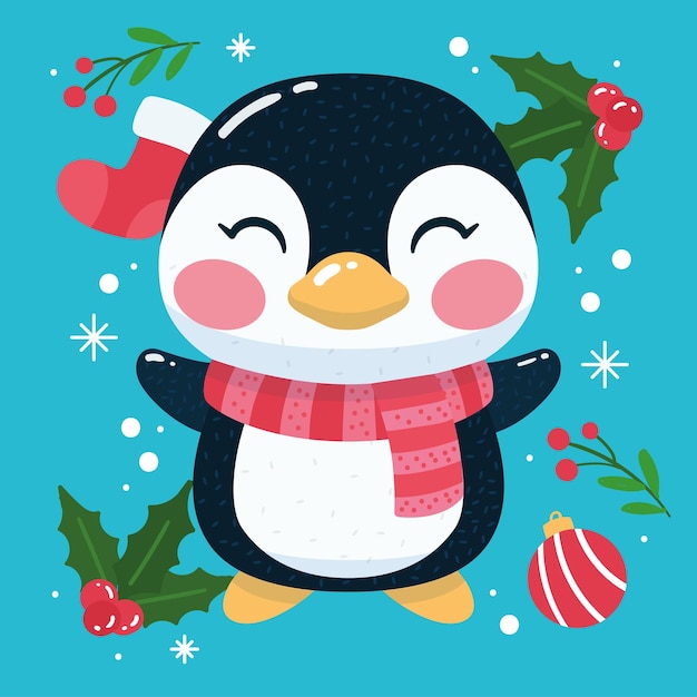 Penguin cartoon kawaii Christmas decoration Vector