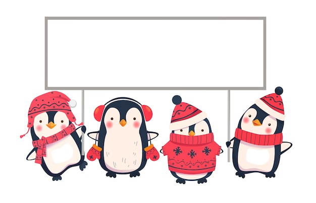 Пингвин мультфильм. пингвины держат знамя