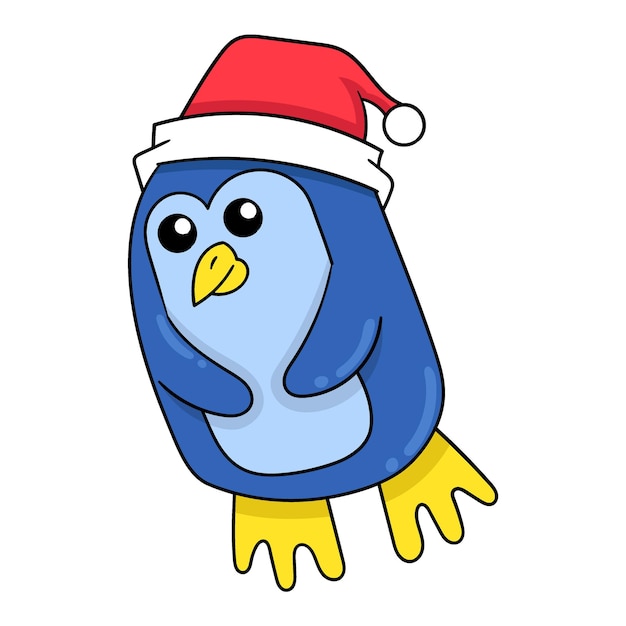 Penguin celebrating christmas wearing a beanie hat doodle icon image kawaii