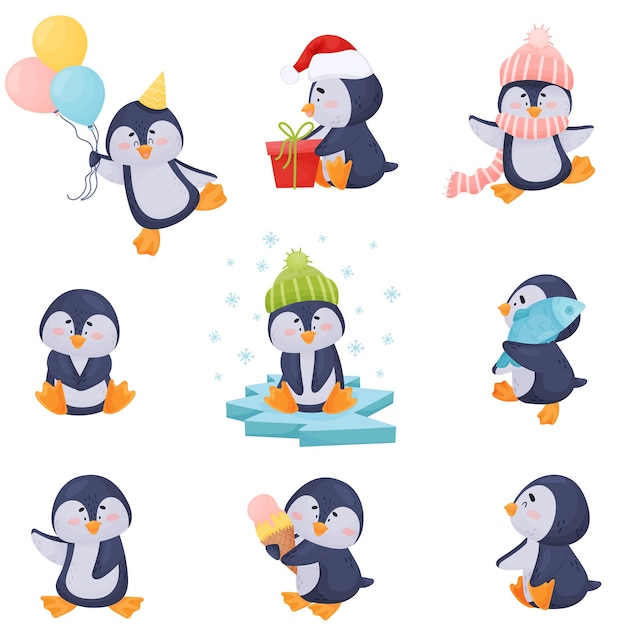 Vector penguin character enjoying winter season vector illustrations set