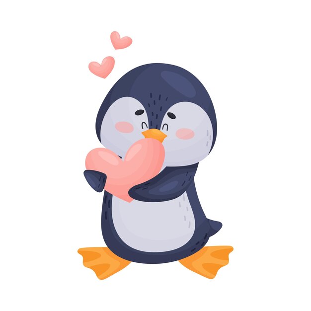 Penguin character holding heart shape in its wings vector illustration