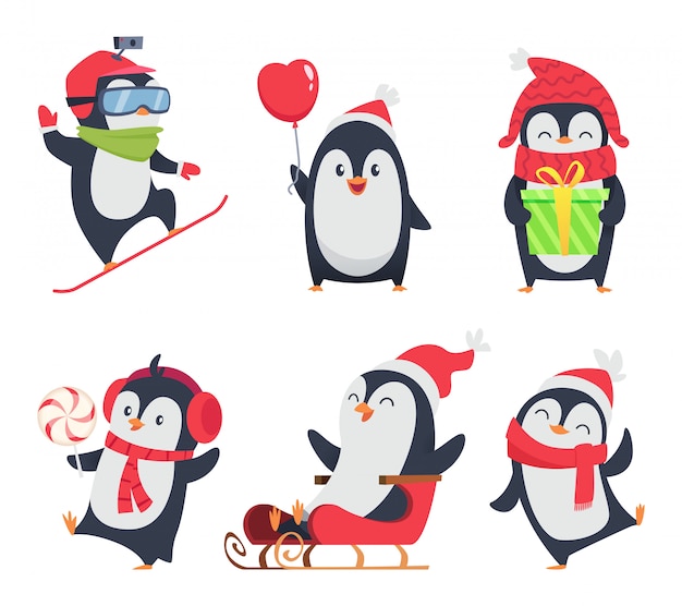 ベクトル ペンギンのキャラクター。さまざまなアクションポーズマスコットデザインの野生動物の漫画冬