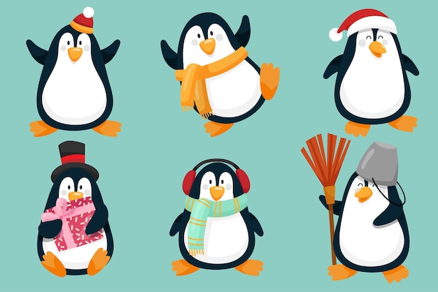 Penguin characters in various poses and scenes