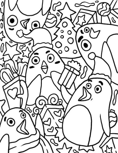 Penguin Christmas Doodle Coloring Page