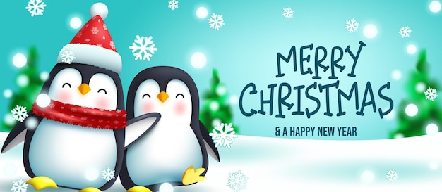 Penguin christmas greeting vector design. Merry christmas text with penguins friendly characters.