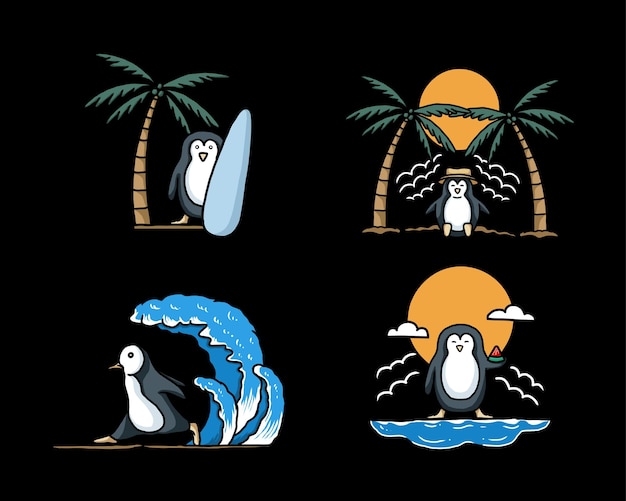 Иллюстрация коллекции пингвинов на пляже с доской для серфинга