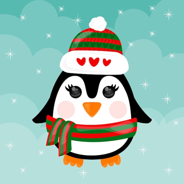 Penguin Cute penguin in winter clothing and hat merry christmas greetings animals in outerwear