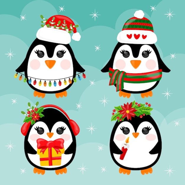 Penguin Cute penguins in winter clothing and hat merry christmas greetings animals in outerwear